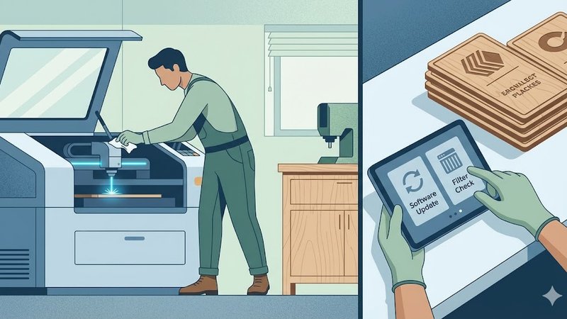 Современная иллюстрация лазерной резки дерева для статьи о техническом обслуживании оборудования.